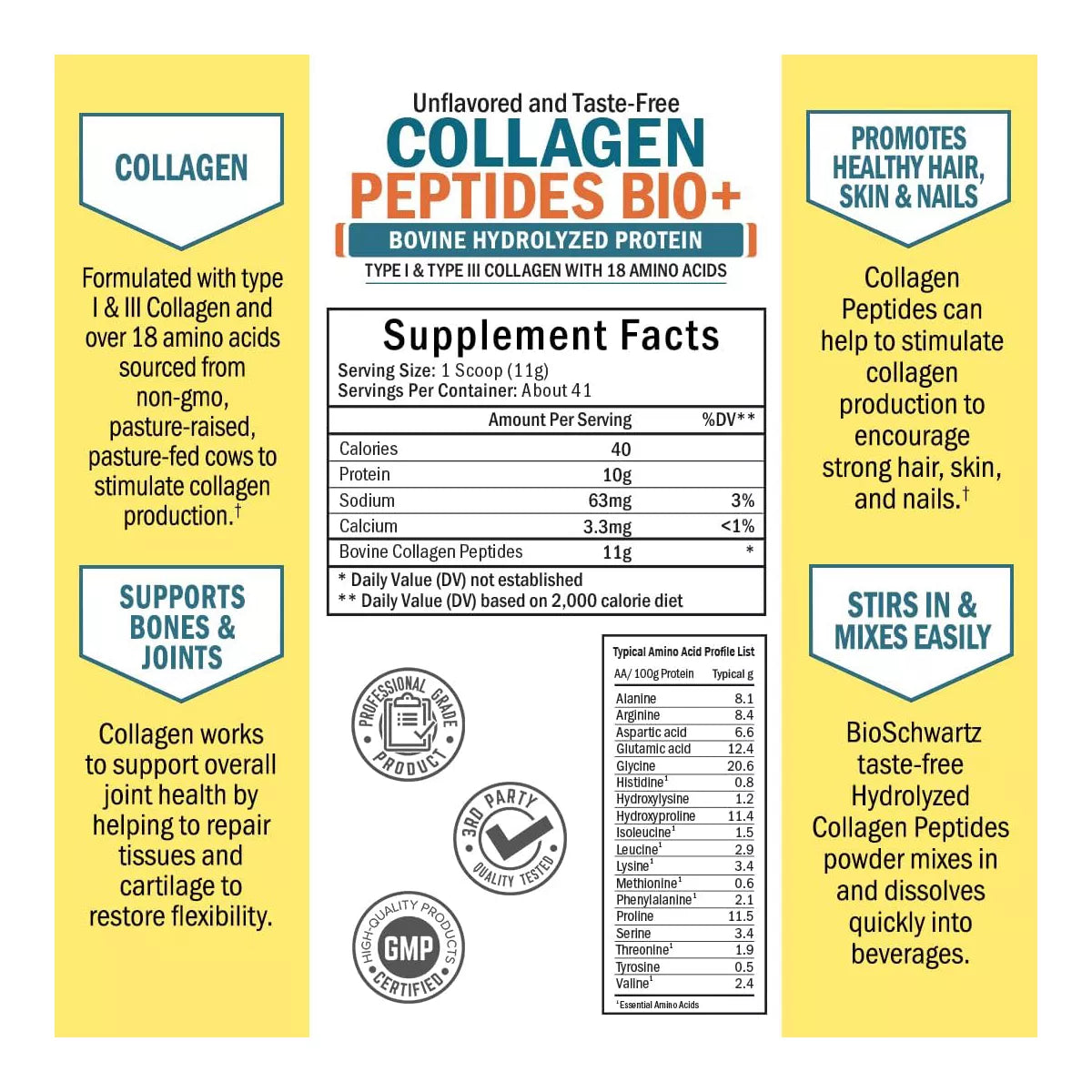 Collagen Peptides Bio+ Powder, Grass Fed Bovine Collagen Supplement, Hydrolyzed Protein Peptides, Unflavored, Bioschwartz, 16Oz