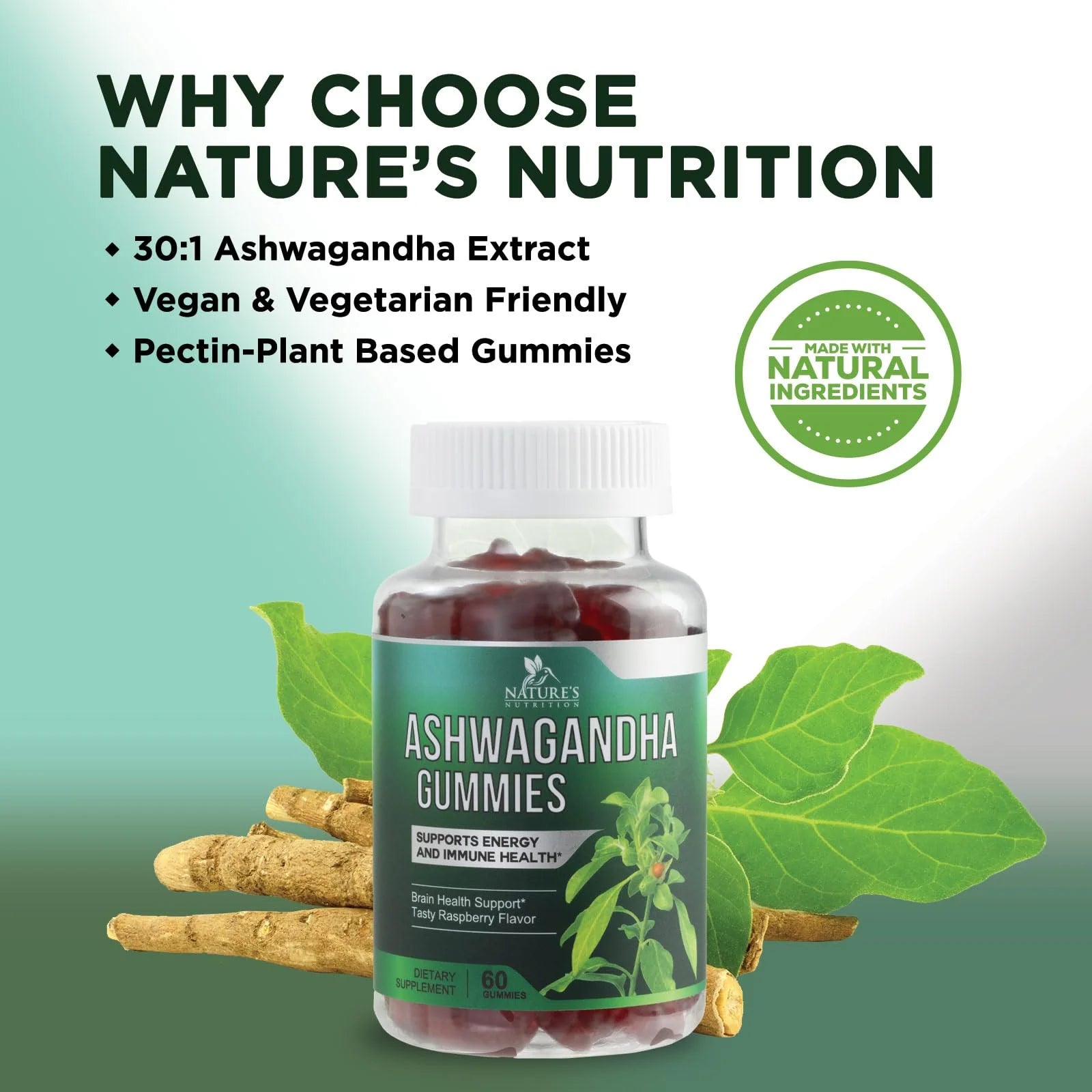 Ashwagandha Gummies 30:1 Extract from 3000Mg - Vegan, Plant Based, Non-Gmo, Gluten-Free & Gelatin Free, Ashwagandha Supplement for Women & Men, Natural Calm, Relaxation, & Immune Support, 60 Gummies